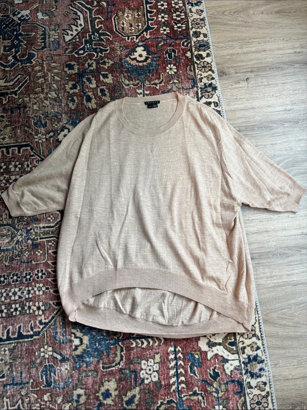Theory Light Beige Crewneck Oversized Knit Sweater in Silk Linen Blend